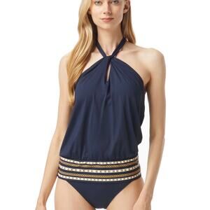 Michael Kors Twist Neck Tankini Top Chain Border S NWT